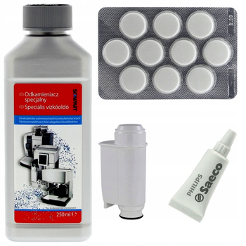 Set für Saeco Kaffeemaschine (Entkalker 250 ml, 10 Tabletten, Filter, Fett 5 g)